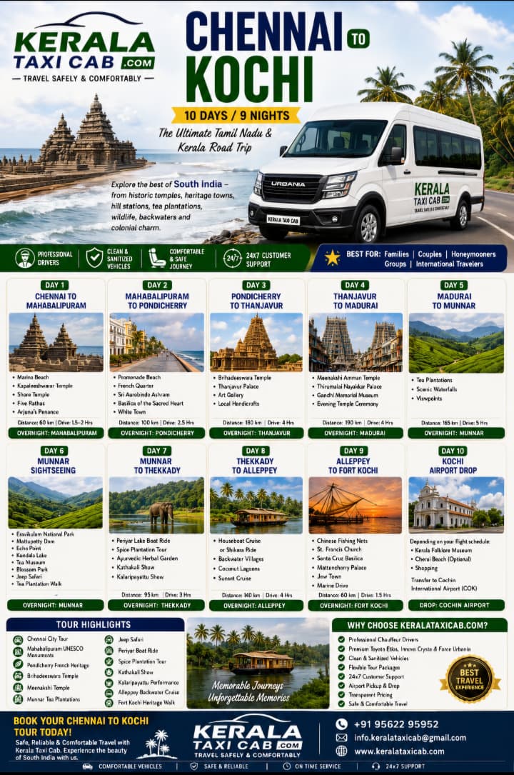 Chennai to Kochi tour package 10 days 9 nights Mahabalipuram Madurai Munnar by Kerala Taxi Cab