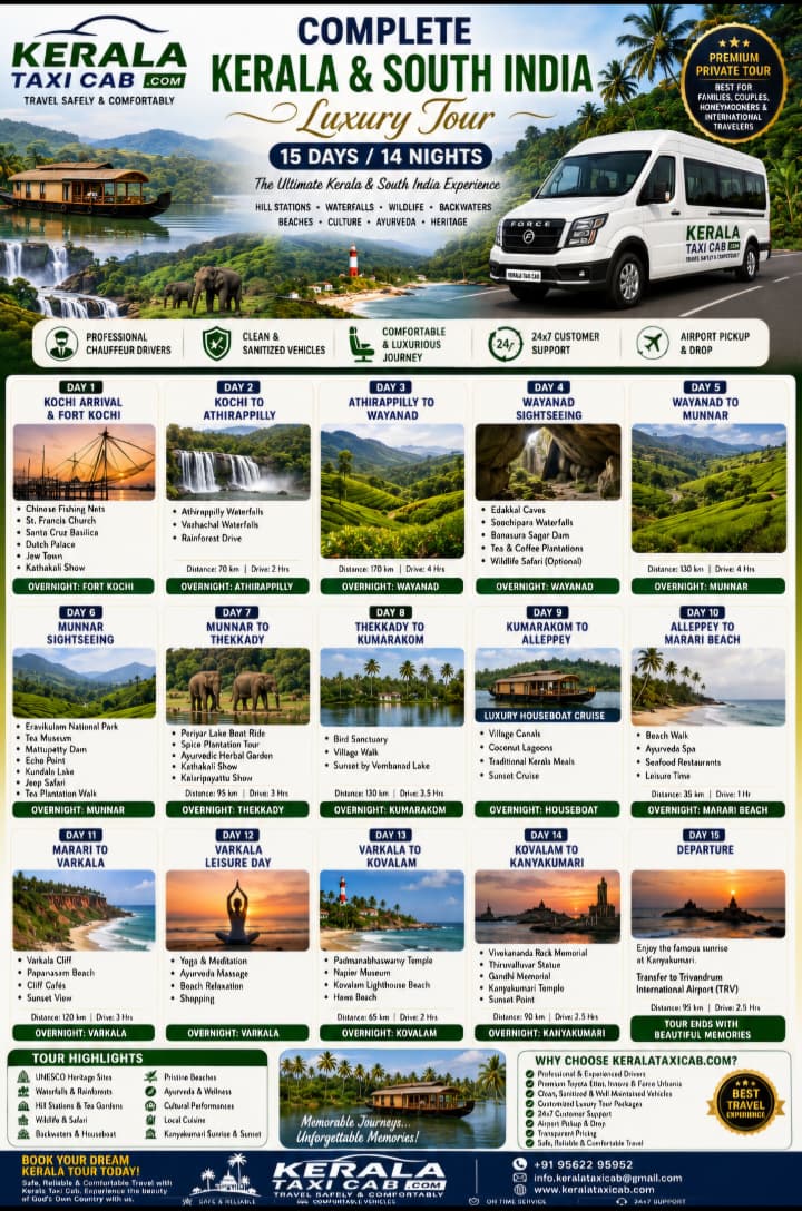 Complete Kerala and South India luxury tour 15 days 14 nights by Kerala Taxi Cab
