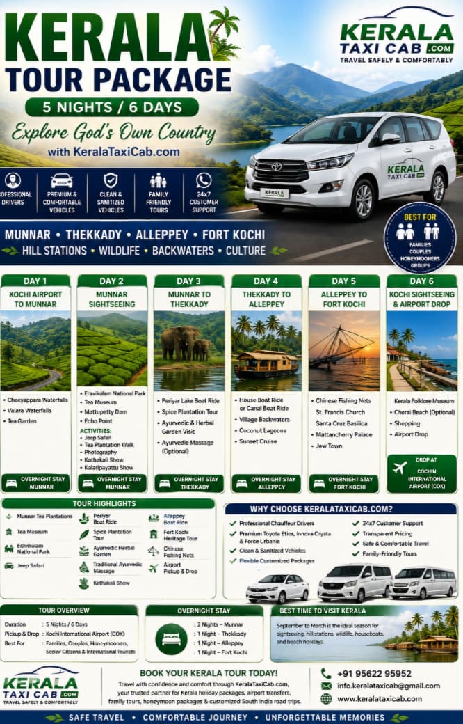 Kerala tour package 5 nights 6 days Munnar Thekkady Alleppey Fort Kochi by Kerala Taxi Cab
