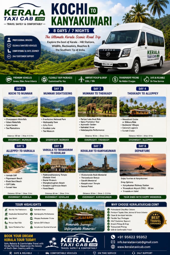 Kochi to Kanyakumari tour package 8 days 7 nights Munnar Alleppey Varkala Kovalam by Kerala Taxi Cab