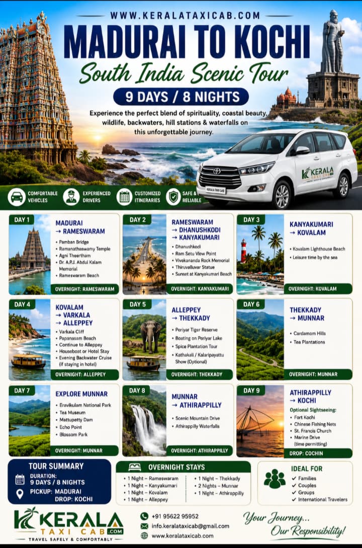 Madurai to Kochi South India scenic tour 9 days 8 nights by Kerala Taxi Cab
